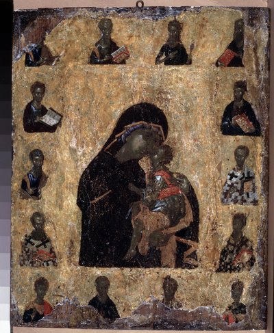 Arte bizantina: ""A Virgem da Ternura com os Santos"" ou ""Virgem de Eleousa"" (Virgem da Ternura com os Santos (A Virgem Eleusa) ícone do século XIV Museu Hermitage, São Petersburgo (São Petersburgo) de Byzantine