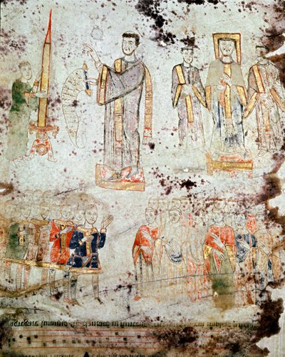 Arte Bizantina: "Cerimónia da bênção da vela pascal na presença do eveque, dos membros do clero e dos senhores (patricius) da cidade de Gaete (Gaeta) na Itália" Miniatura do "Exultet" do início do século XI Museo de Byzantine