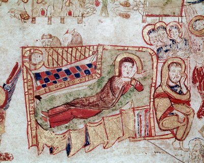 Arte Bizantina: "A Natividade e a Anunciação aos Pastores" Miniatura tirada do "Exultet" do início do século XI Museo Diocesano, Gaeta de Byzantine