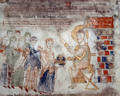 Arte Bizantina: "Os representantes dos diferentes impérios prestam homenagem a Cristo com oferendas" Miniatura do "Exultet" do início do século XI Museo Diocesano, Gaeta de Byzantine