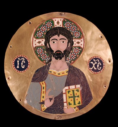 Arte bizantina: "christ pantocrator" (Cristo em glória) A auréola de Jesus Cristo é marcada com uma cruz e pode ser lido o cristograma ICXC - Esmalte do século X Madrid, Museo Lazaro Galdiano - Arte bizantina: Cristo Pantocrator (Cristo em Glória de Byzantine