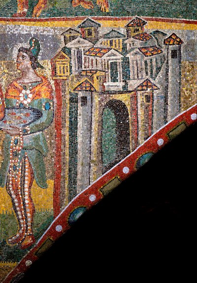 Arte Cristã: "Adoração dos Magos". Detalhe da paisagem. Mosaico do século V. Arco Triunfal, Basílica de Santa Maria Maggiore (Santa Maria Maior), Roma. de Byzantine
