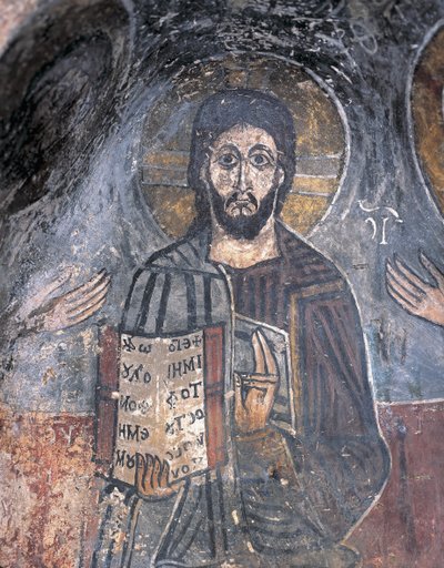 Grande plano de um afresco de um pantocrator, Cristo Pantocrator, Zoupena, Esparta, Peloponeso, Grécia de Byzantine