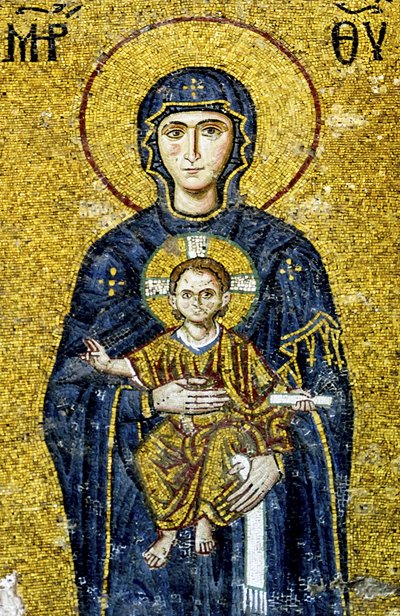 Mosaico de Comnenus que descreve Madonna e criança, Hagia Sophia, Turquia. (Mosaico) de Byzantine