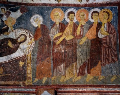 Dormition of Virgin among Apostles, Detail, Byzantine fresco (século XIII), Gulsehir Karsi Kilise (Igreja de São João), Goreme (Lista do Património Mundial da Unesco) de Byzantine