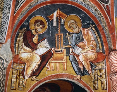 Evangelistas Mark e John escrevendo Evangelhos, Karanlik Kilise (Igreja das Trevas) (século 12-13), Goreme (Lista do Património Mundial da Unesco) de Byzantine