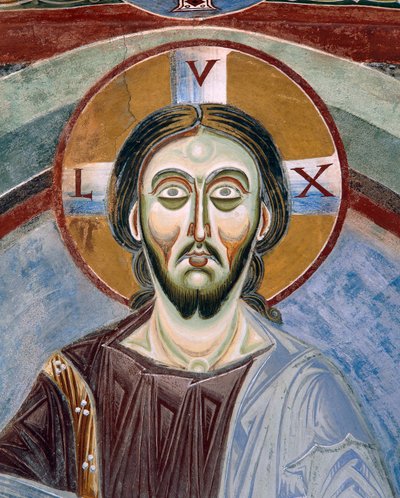 Rosto de Cristo Pantocrator, Detalhe dos afrescos românicos em estilo bizantino, Final do século XI, Capela de São Eldrado e São Nicolau, Abadia de Novalesa, Piemonte, Itália de Byzantine