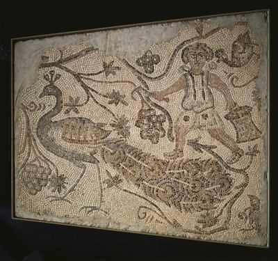 Painel de mosaico de piso: Harvester com pavão, 400s de Byzantine
