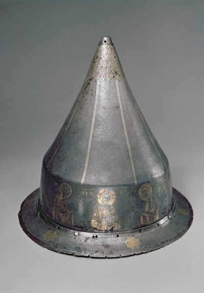 Capacete com o Deesis (aço com incrustações de ouro e prata) de Byzantine