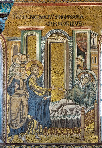 Jesus curando a sogra de Simão da febre, mosaico bizantino, Episódios da vida de Cristo, séculos XII-XIII (mosaico) de Byzantine