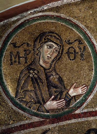 A Virgem Oranta (representação cristã ortodoxa da Virgem Maria, orando com os braços estendidos). Mosaico por um mestre bizantino, ca. 1037-1050, arte russa primitiva. Cofre do Coro da Catedral de Santa Sophie em Kiev (Ucrânia). de Byzantine