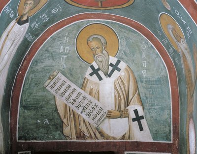 Pinturas de um santo segurando uma carta, Santo Inácio de Antioquia, Panagia Too Araka, Lagoudera, Chipre de Byzantine