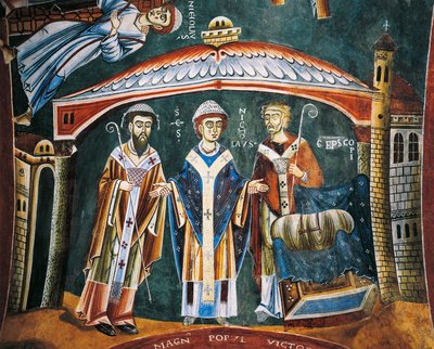 São Nicolau Consagrado bispo de Myra, Detalhe das Histórias de São Nicolau, Afresco românico, estilo bizantino, finais do século XI, Capela de São Eldrado e São Nicolau, Abadia de Novalesa, Piemonte, Itália. de Byzantine