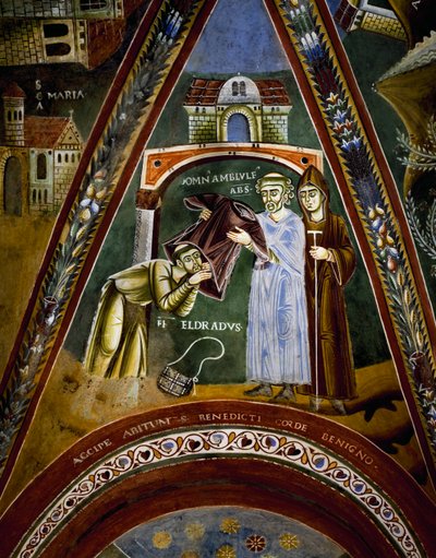 São Nicola, histórias de vida de São Eldrad e São Nicolau, São Eldrado voltado para São Tiago de Compostela: recebendo um hábito monástico do Abade da Novalesa, detalhe de Byzantine