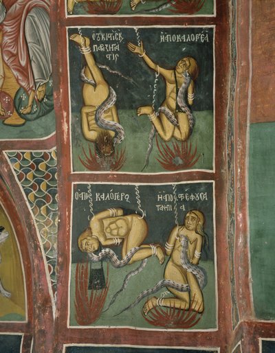 Os Malditos: O Usurário e a Freira Pecadora (em cima), o Sacerdote Caduco e a Má Mãe (em baixo) (fresco) de Byzantine