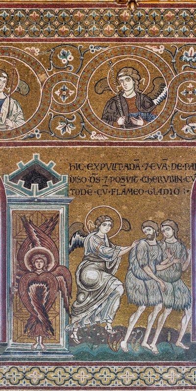 A expulsão do Paraíso Terrestre, mosaico bizantino, Antigo Testamento Ciclo-Paraíso Terrestre, século XII-XIII (mosaico) de Byzantine