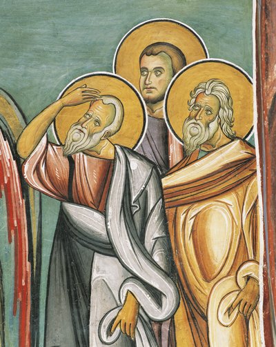 Três pessoas em uma igreja, Panagia também Araka, Bizantine, Montanhas Troodos, Chipre de Byzantine