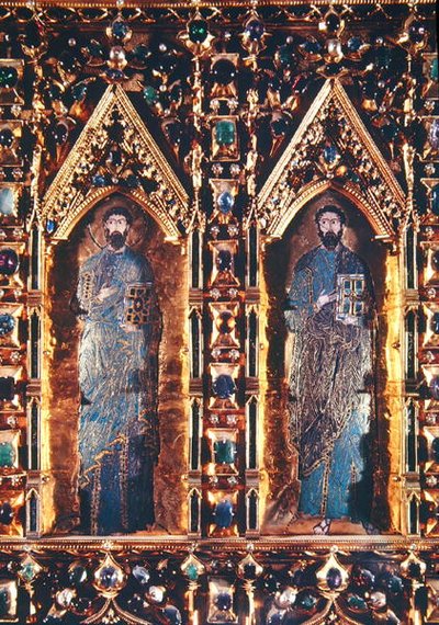 O Pala dOro, detalhe representando dois apóstolos (ouro e esmalte incrustado com pedras preciosas) de Byzantine Byzantine