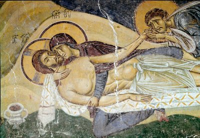Arte Bizantina: "Lamentação sobre a Morte de Cristo", o fresco do pintor do século XII. Detalhe. Nerezi, San Pantaleimone, Macedoine de Byzantine School