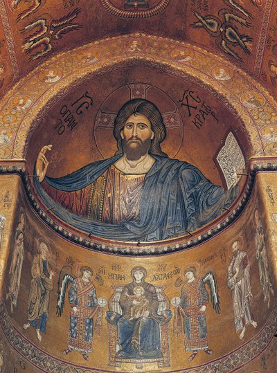 Christ Pantocrator e a Madonna Enthroned com anjos e apóstolos, da abside central (mosaico) de Byzantine School
