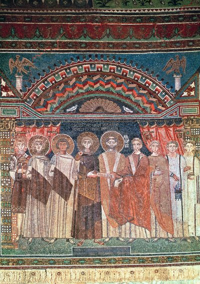 Constantino IV (654-85), concedendo aos Bispos Reparatus privilégios para a igreja de Ravenna, 671-77 (mosaico) de Byzantine School