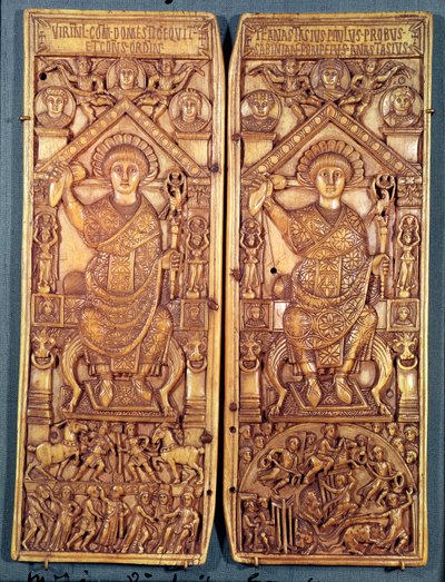 Diptípico consular de Anastácio (491-518) esculpido em Constantinopla, Theodosian Style, 517 AD de Byzantine School