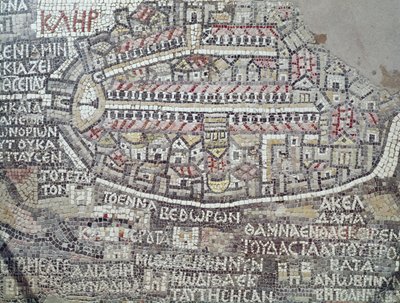 Detalhe de um mosaico bizantino que representa a cidade de Jerusalém (mosaico) de Byzantine School