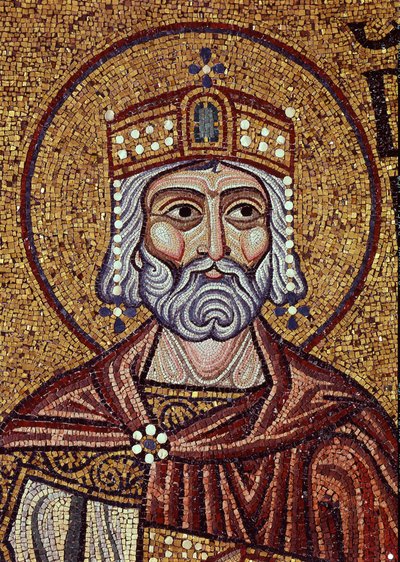 Rei David (século X a.C.). Trabalho de um mestre bizantino, mosaico, detalhe da decoração da Basílica de San Marco, Veneza (Itália). Arte bizantina, Idade Média. Basílica de São Marcos, Veneza. de Byzantine School