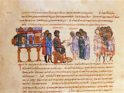 MMS Vitr 26-7 Embaixador de Kiev Enviado pelo rei Vladimir (978-1015) é dito sobre o cristianismo por um bispo bizantino, das Esculpidas de Madri de Byzantine School