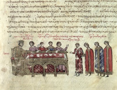 MMS Vitr. 26-7 Predições sobre o imperador Miguel II (820-829) do capítulo III do Skylitzes de Madrid (vellum) de Byzantine School