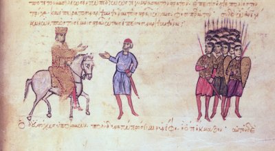 MMS Vitr 26-7 O exército bizantino colocando em fuga os búlgaros do Tzar Krum, dos Skylitzes de Madri (tinta e ouro em pergaminho) de Byzantine School