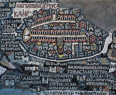 Mapa em mosaico de Madaba (Mapa da Terra Santa), 560, mosaico na Basílica Ortodoxa Grega de São Jorge, Madaba, Jordânia, civilização bizantina, século VI (mosaico) de Byzantine School
