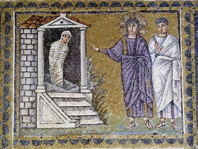 Ressurreição de Lázaro, mosaico mural da igreja de Santo Apolinário, Ravena, século VI. de Byzantine School