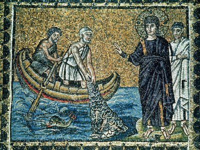 Santo André e São Pedro Respondendo ao chamado de Jesus, da nave principal (mosaico) de Byzantine School