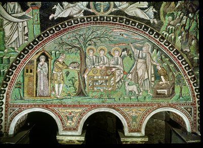 A hospitalidade de Abraão e o sacrifício de Isaac, séc. VI (mosaico) de Byzantine School