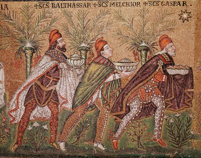 A adoração dos Reis Magos (Pormenor de mosaico, século VI) de Byzantine School