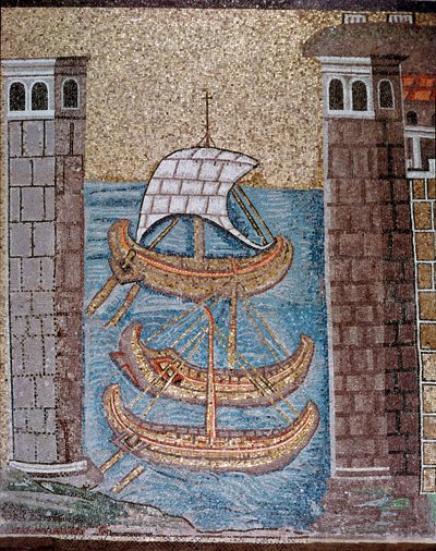 Vista dos barcos no porto de Classe (Detalhe dos mosaicos, século VI) de Byzantine School
