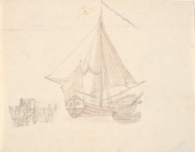 Um navio com velas e galhardete e um bote. televisão duas carruagens de cavalos de C.A. Lorentzen