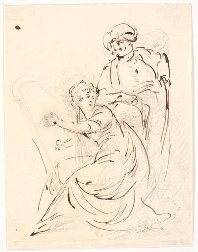 Senhora tocando harpa. Atrás dela um homem de turbante de C.A. Lorentzen