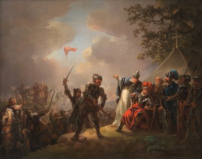 A lenda da bandeira dinamarquesa (o Dannebrog) caindo dos céus durante a Batalha de Lyndanisse (Tallinn) na Estônia em 1219 de C.A. Lorentzen