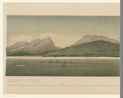 Vista da costa da Grande Aceh, com a frota da primeira expedição de Aceh ao largo da costa, parte três The Greater Aceh Road (título no objeto) de C.A. Whitten