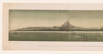 Vista da costa da Grande Aceh, com a frota da Primeira Expedição Aceh, composta por quatro partes, ao largo da costa The Greater Aceh Road (título no objeto) de C.A. Whitten