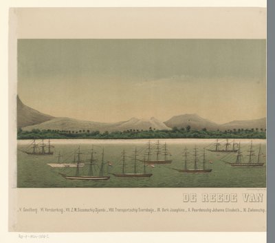 Vista da costa da Grande Aceh, com a frota da primeira expedição de Aceh ao largo da costa, parte dois The Greater Aceh Road (título no objeto) de C.A. Whitten
