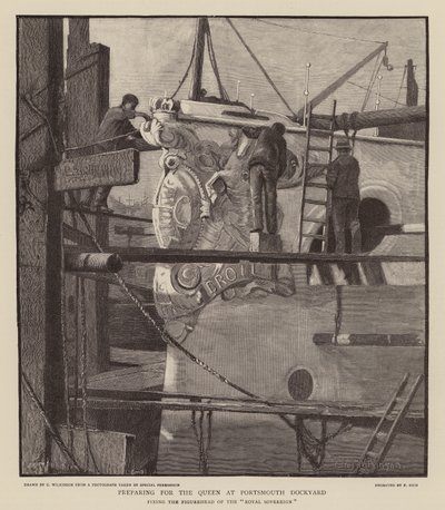 Preparação para a Rainha Vitória no estaleiro de Portsmouth (gravura) de C.A. Wilkinson