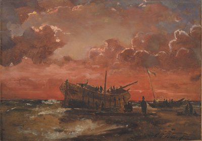 Um naufrágio na costa oeste da Jutlândia ao pôr do sol de C.F. Sørensen