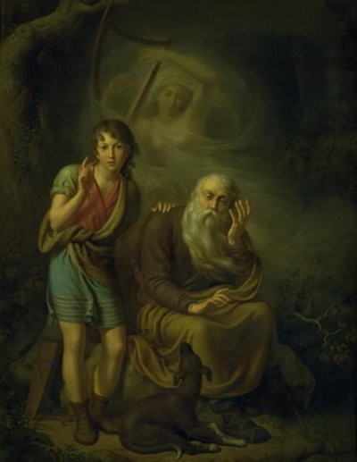 Filho de Ossian e Alpin ouvindo o espírito de Malvina tocando a harpa. Ilustrando a Canção do Cisne de Ossian de C.G. Kratzenstein Stub