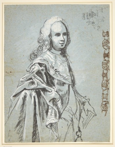 Estudo para um retrato, provavelmente de A. G. Moltke; à direita do estudo de folha para a cadeia da Ordem do Cavaleiro Elefante de C.G. Pilo