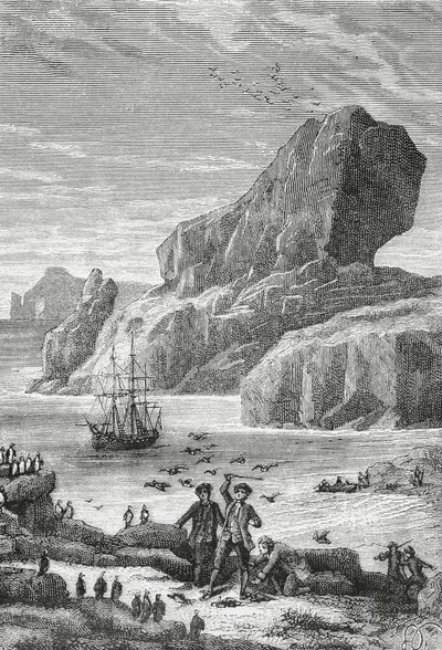 Descoberta da França Austral (Ilhas Kerguelen) pelo explorador francês Yves-Joseph de Kerguelen-Tremarec (1734-1797), Fevereiro de 1772, gravura, Oceano Índico, Território das Terras Austrais e Antárcticas Francesas de J.B. and Brown J. Rowbotham