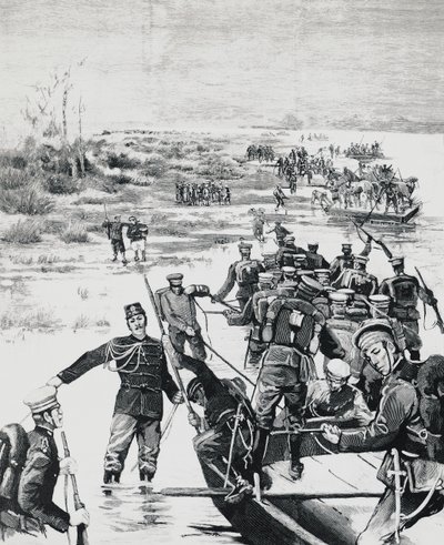 Tropas japonesas sob o comando de Yamagata Aritomo atravessando o rio Yalu de J.B. and Brown J. Rowbotham