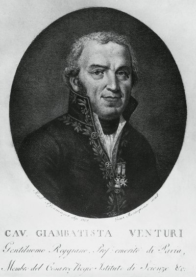 Retrato de Giovanni Battista Venturi (1746-1822), físico italiano, diplomata, historiador da ciência e descobridor do efeito Venturi, gravura de J.B. and Brown J. Rowbotham